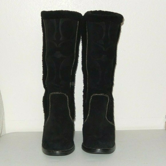 Coach Boots 6 Jordana Black Suede Signature Logo Shearling Trim Wedge Side Zip - Picture 8 of 11